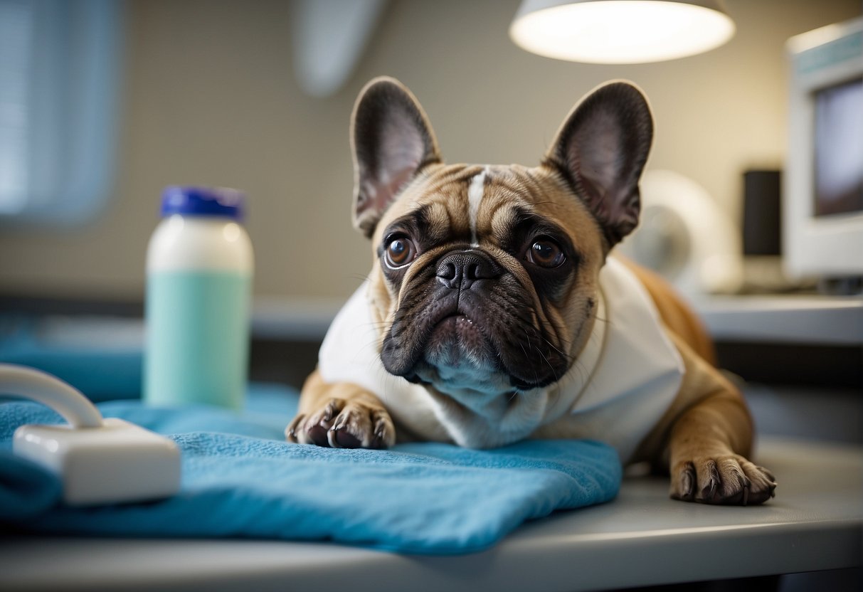 A French bulldog lying calmly on a veterinary examination table, with a caring veterinarian preparing for the neutering procedure