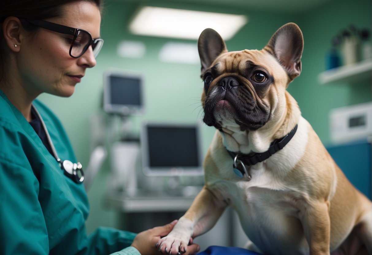 A French bulldog getting neutered at a veterinary clinic with a vet and assistant present, surrounded by medical equipment and a comforting environment