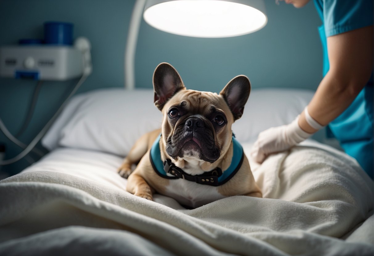 A French bulldog lying on a comfortable bed, surrounded by a caring veterinarian and assistant, preparing for a spaying procedure