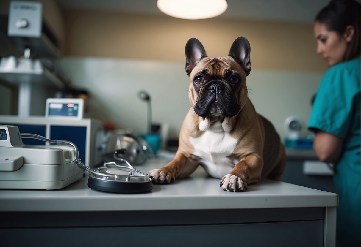 A French bulldog lies on a vet's table, surrounded by medical equipment. The vet prepares to spay the dog, while the owner looks on with concern