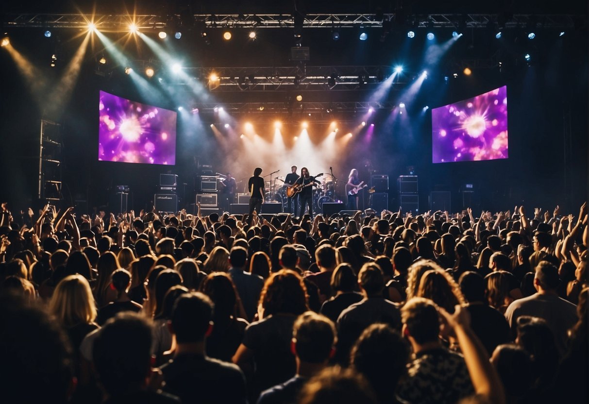 A crowded concert venue with diverse musical acts on stage, representing popular music genres like pop, hip-hop, rock, and electronic dance music