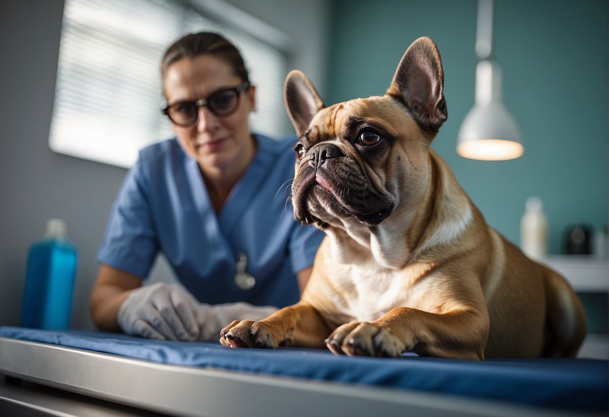 A French Bulldog lying comfortably on a veterinarian's examination table, with a caring vet preparing to spay the dog