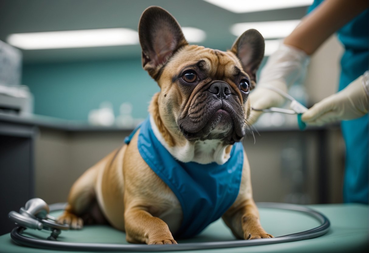 A French bulldog getting spayed at the vet's office, surrounded by medical equipment and a caring veterinarian