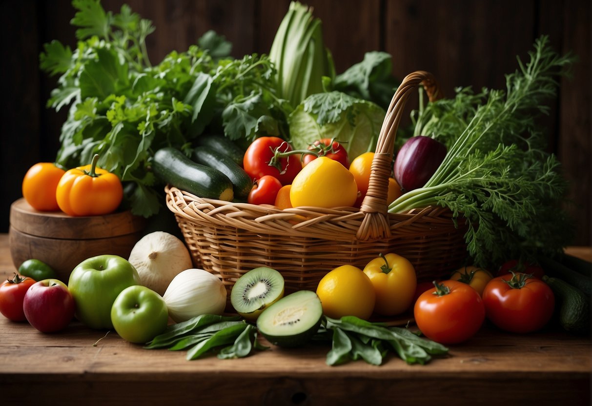 Fresh vegetables and fruits spilling out of a woven basket, surrounded by vibrant green leaves and herbs. A variety of plant-based ingredients arranged on a wooden table with a cookbook open to a recipe page