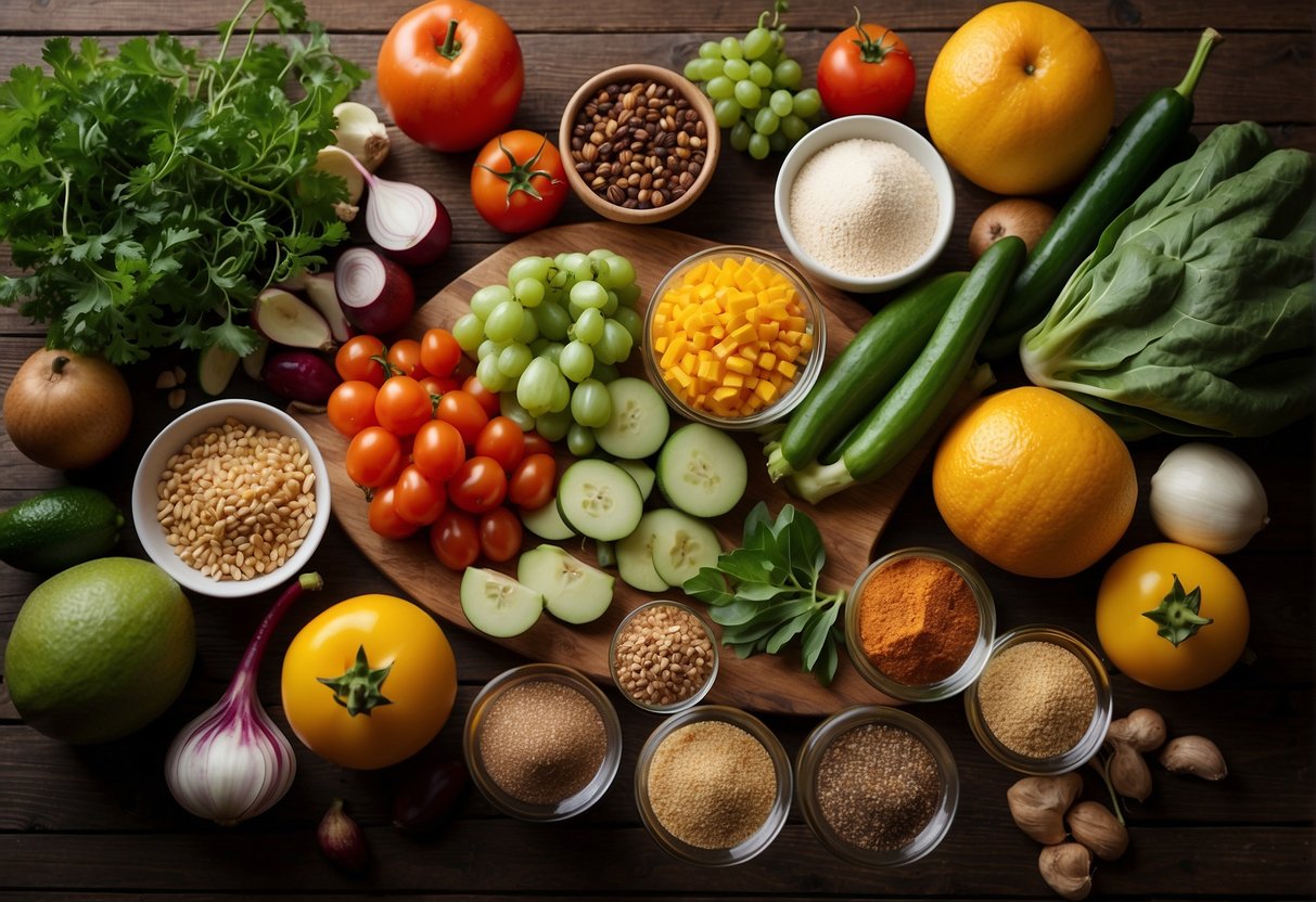 Various fresh ingredients, such as colorful fruits and vegetables, herbs, spices, and grains, are spread out on a wooden table, ready to be used in a delicious and healthy recipe