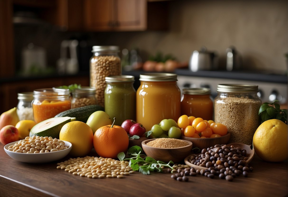 A colorful array of fresh fruits, vegetables, grains, and legumes spread out on a kitchen counter, accompanied by cookbooks and recipe cards