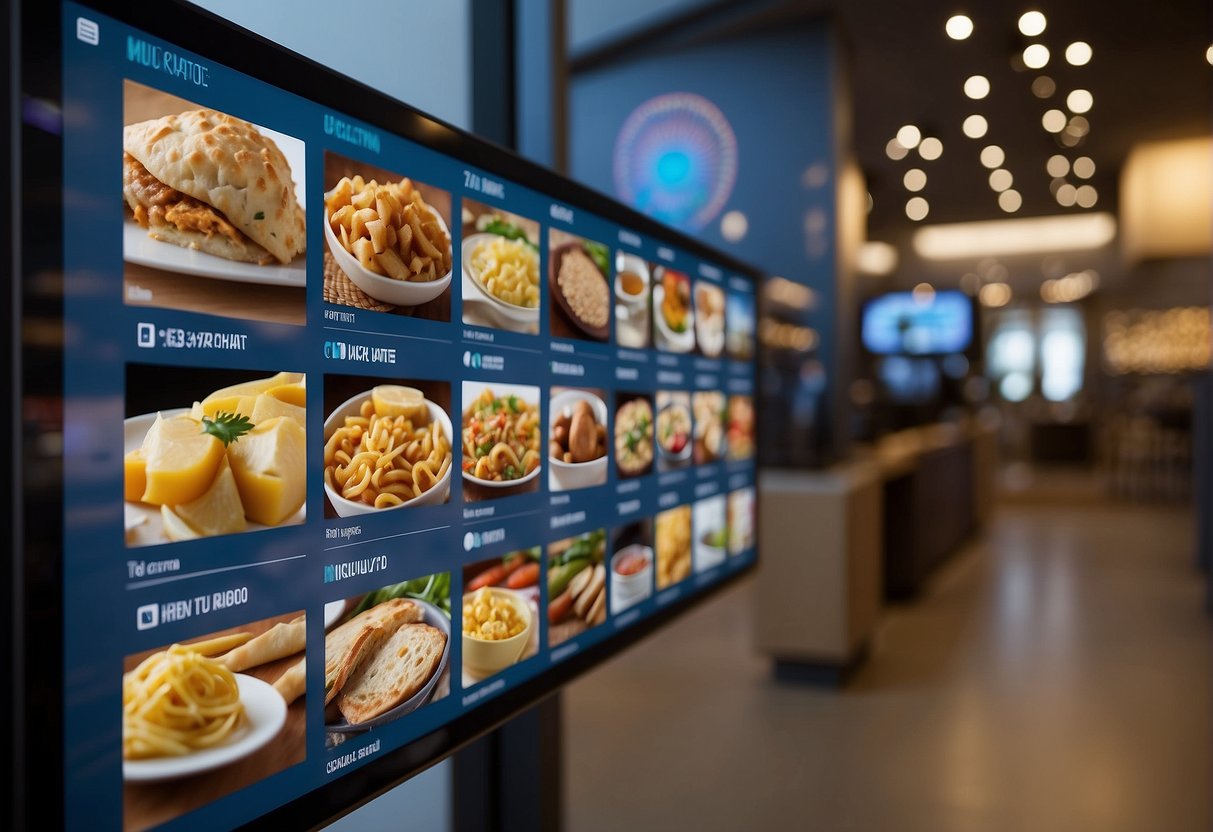 Various recipe categories displayed on a digital screen with icons for different types of food