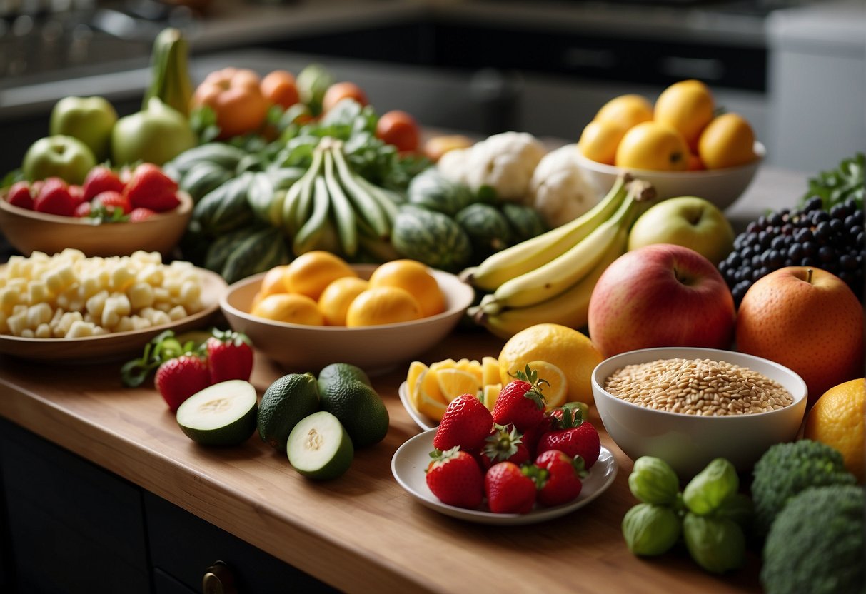 A colorful array of fresh fruits, vegetables, and whole grains spread out on a kitchen counter, surrounded by recipe books and a meal planner