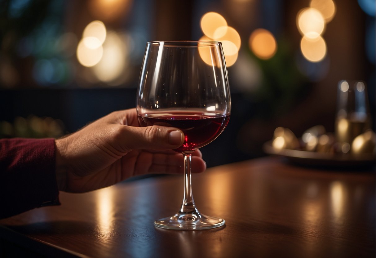 A hand reaches for a glass of wine, the rich red liquid swirling within. A cozy atmosphere surrounds, with soft lighting and a comfortable setting, inviting relaxation and enjoyment