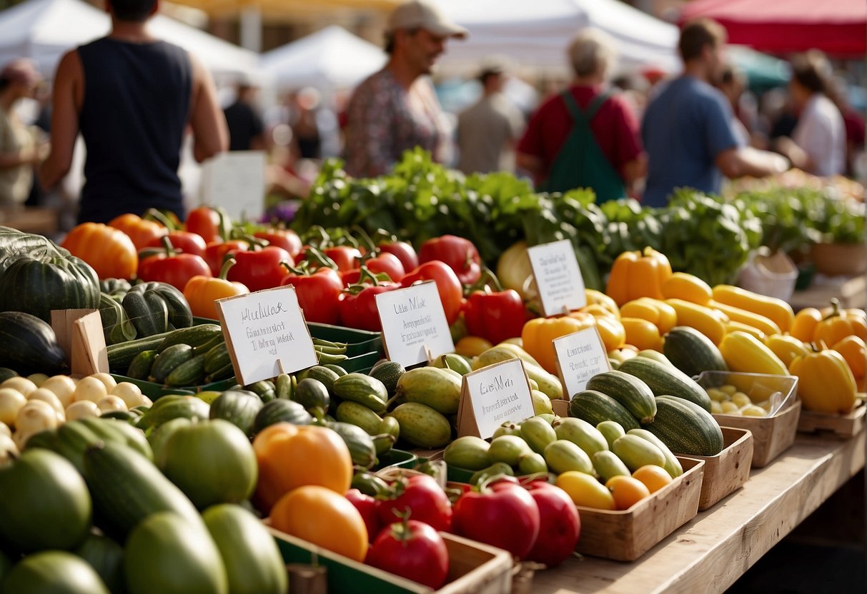 A vibrant farmers' market with diverse produce and a bustling cooking demo. Tables are filled with colorful recipe cards and people are engaging in lively conversations about healthy eating