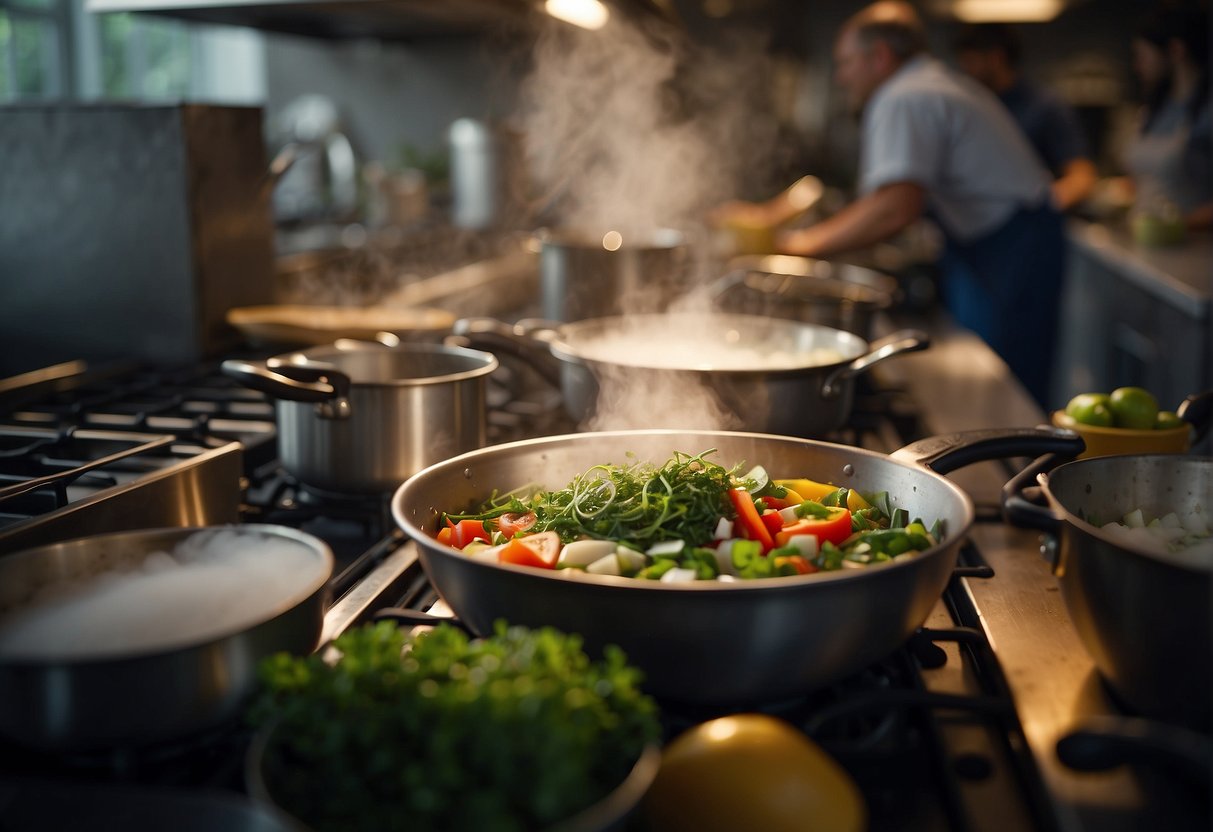 A bustling kitchen with fresh ingredients being chopped, mixed, and cooked. Steam rises from pots and pans as the aroma of herbs and spices fills the air