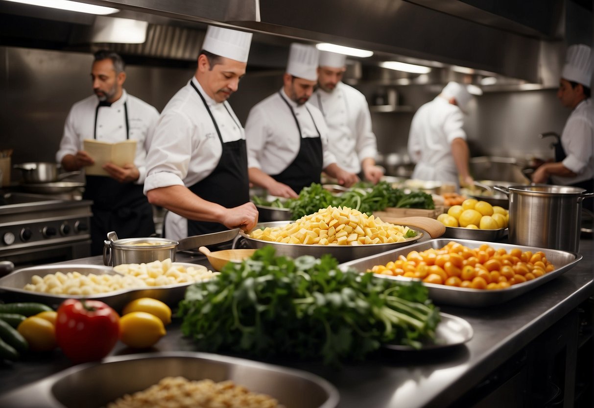 A bustling kitchen with chefs preparing healthy meals, surrounded by recipe books and fresh ingredients