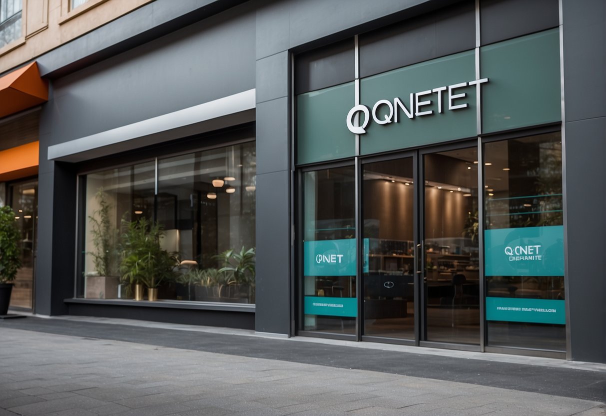 QNet logo displayed on a clean, professional storefront. No scam-related imagery