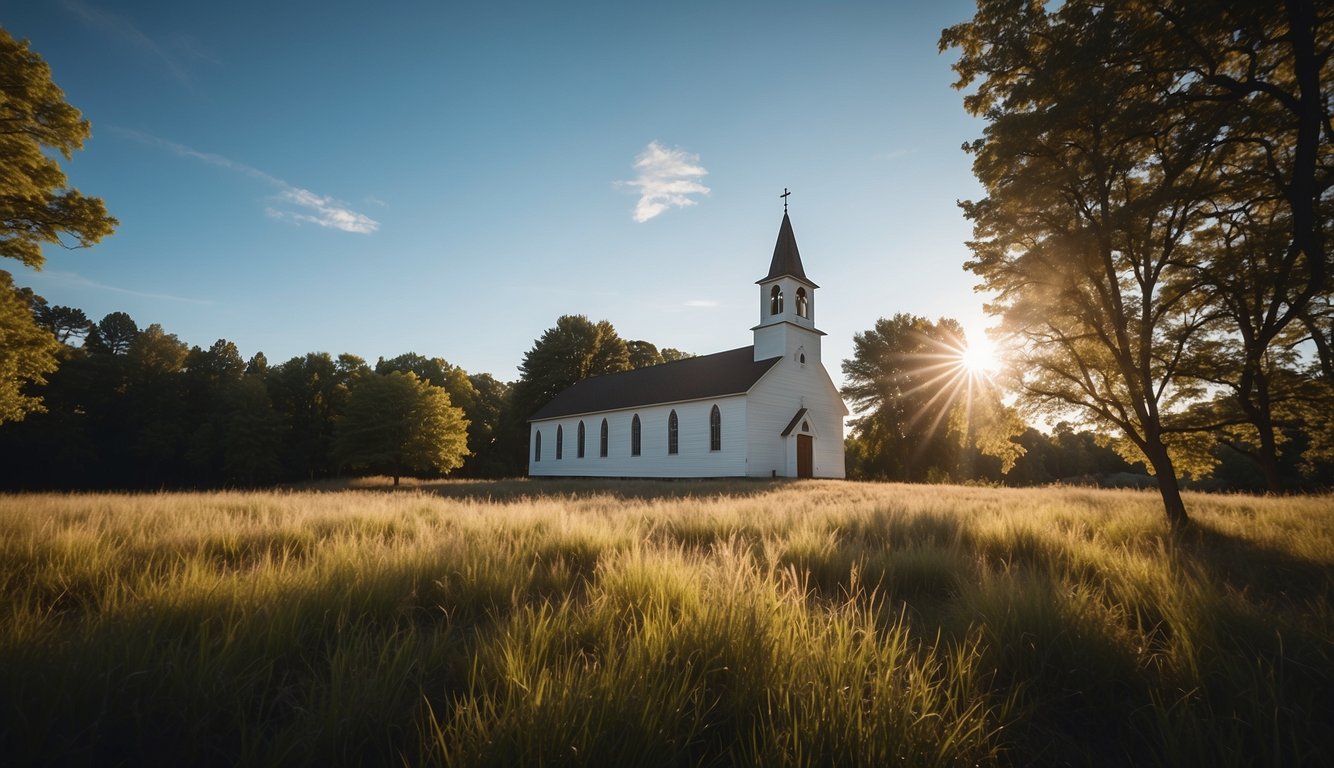 A serene church with a glowing cross, surrounded by peaceful nature and a clear blue sky, symbolizing the strength and understanding of faith in the Christian context