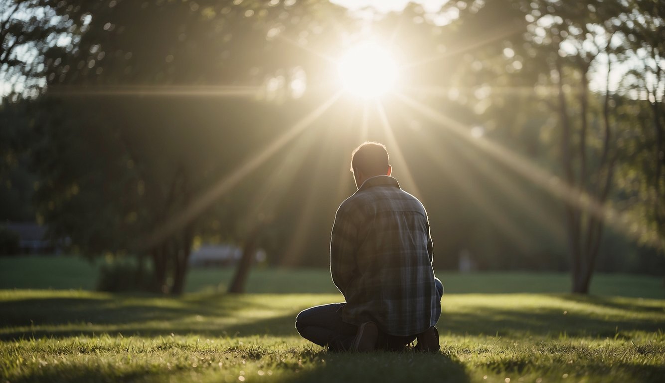 A person kneeling in prayer, surrounded by rays of light and a sense of peace and tranquility, symbolizing a deepening connection with God