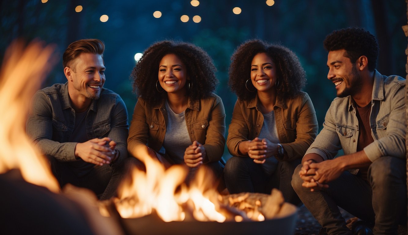 A group of diverse individuals gather around a glowing campfire, sharing stories and laughter. Their arms are linked, symbolizing unity and support in their faith journey
