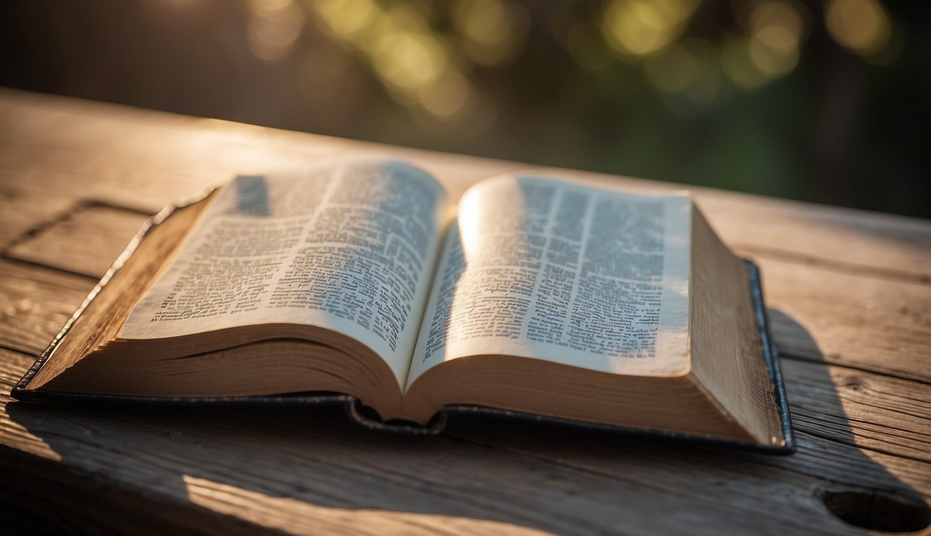 A Bible open on a wooden table, with a ray of light shining down on the pages, surrounded by a peaceful and serene atmosphere