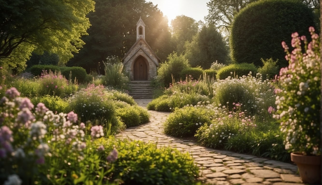 A serene garden with a winding path leading to a peaceful chapel, surrounded by blooming flowers and lush greenery. The sun shines down, casting a warm and comforting light over the scene