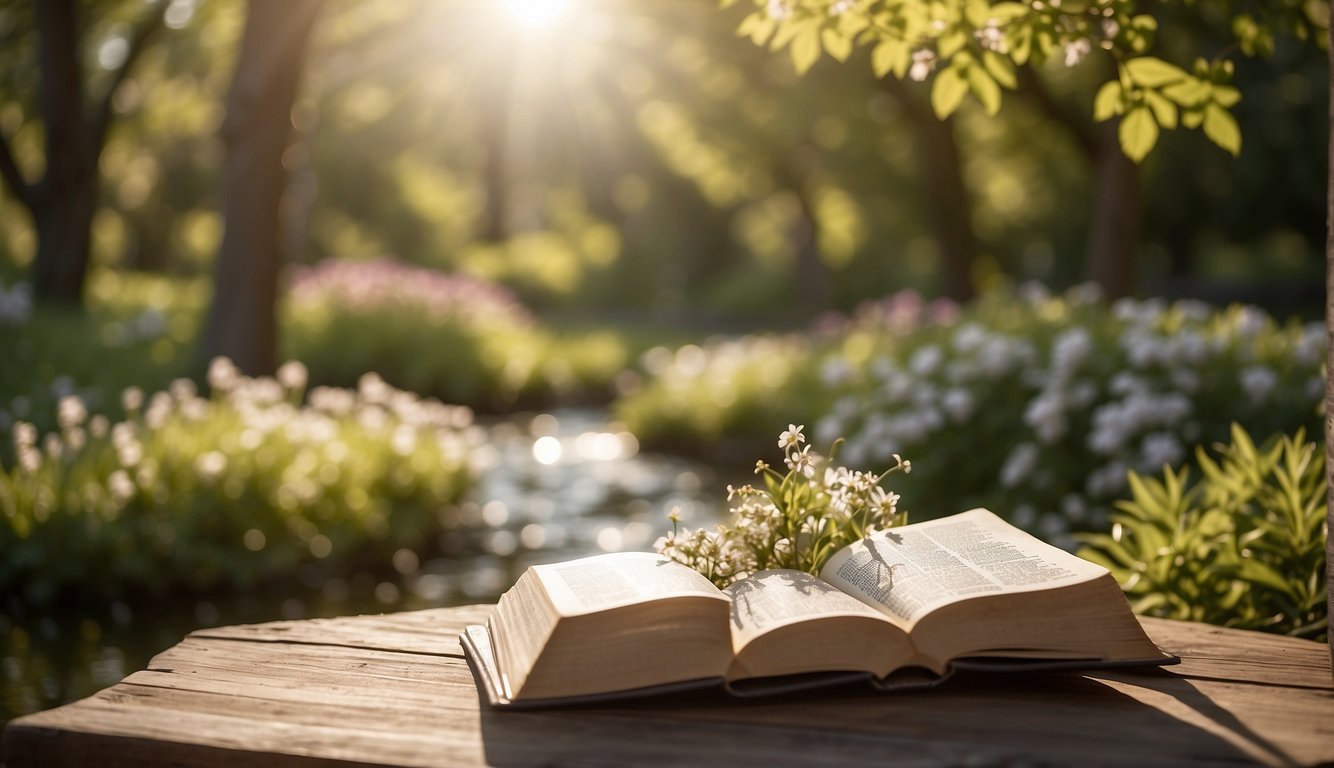 A serene garden with a winding path, blooming flowers, and a peaceful pond. A Bible sits open on a wooden bench, surrounded by rays of sunlight filtering through the trees