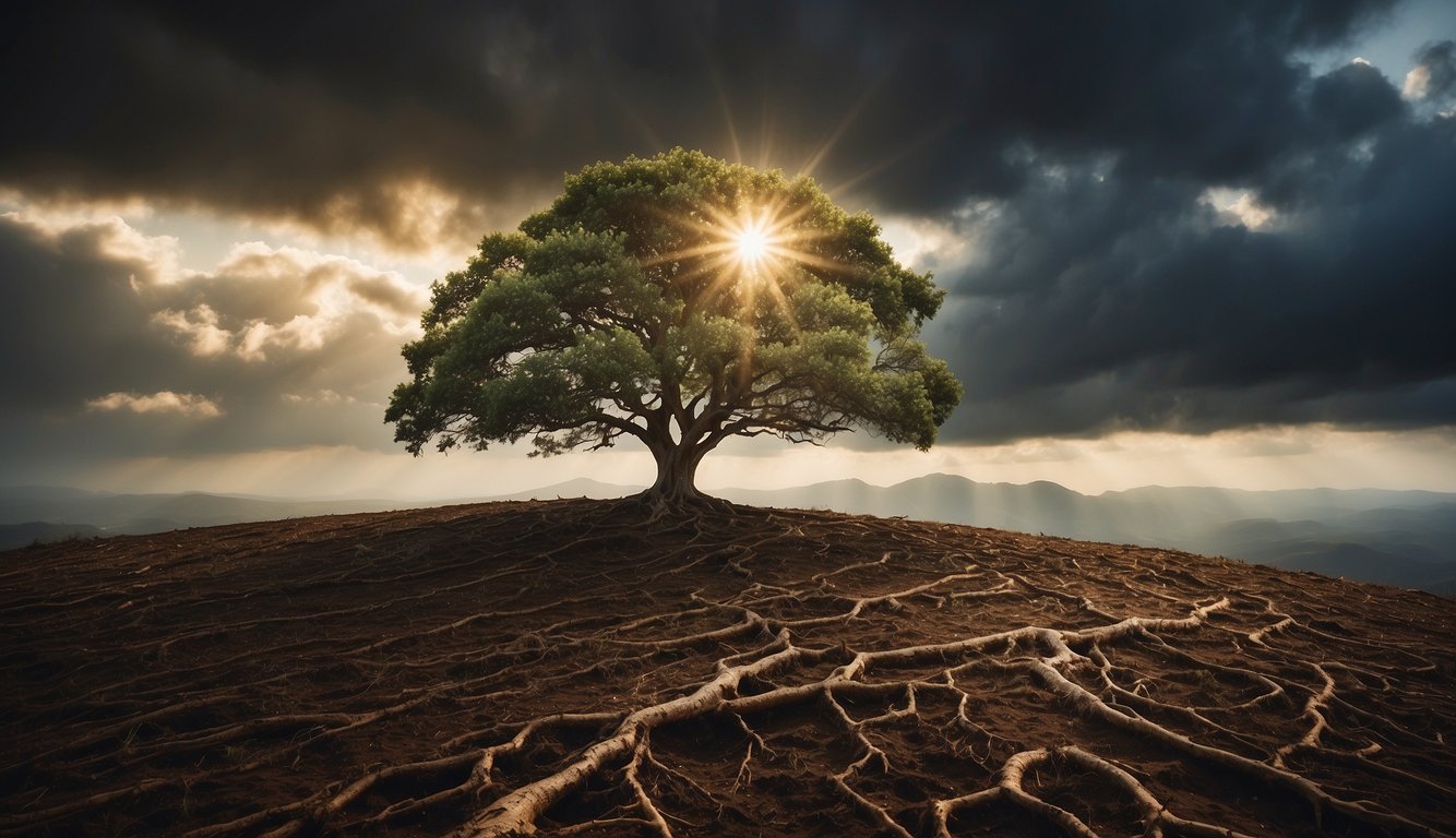 A lone tree stands tall amidst swirling winds, roots digging deep into the earth. The sun breaks through dark clouds, casting a ray of light on the tree, symbolizing hope and strength in times of waiting and uncertainty