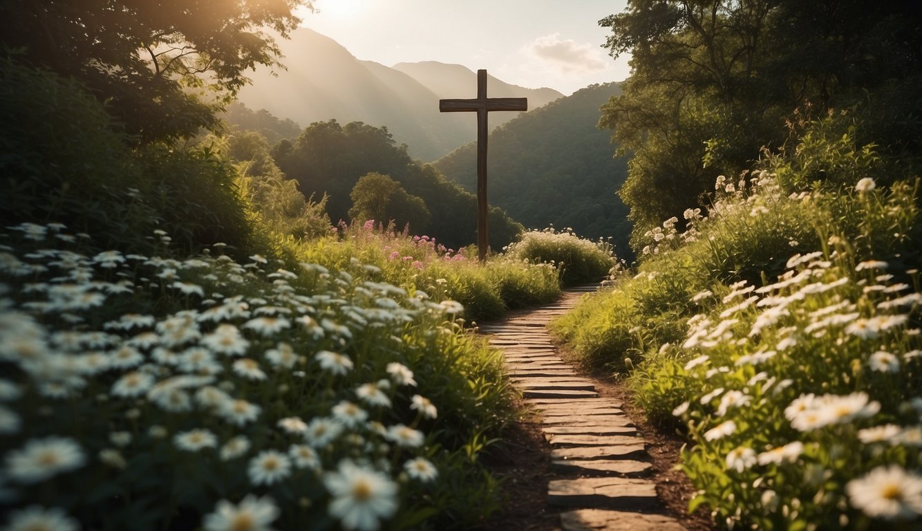 A winding path leads to a glowing, towering cross, surrounded by lush greenery and blooming flowers, symbolizing the journey towards a stronger faith for Christians