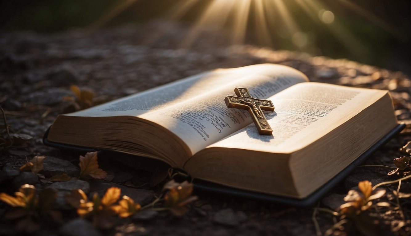 A bright light shining down on an open Bible with a cross and a praying hands, surrounded by a peaceful and serene natural setting
