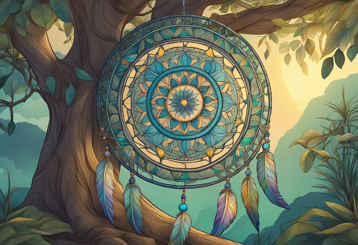 A dreamcatcher hangs from a tree, capturing bad dreams. A mandala sits on the ground, radiating intricate patterns and symbols