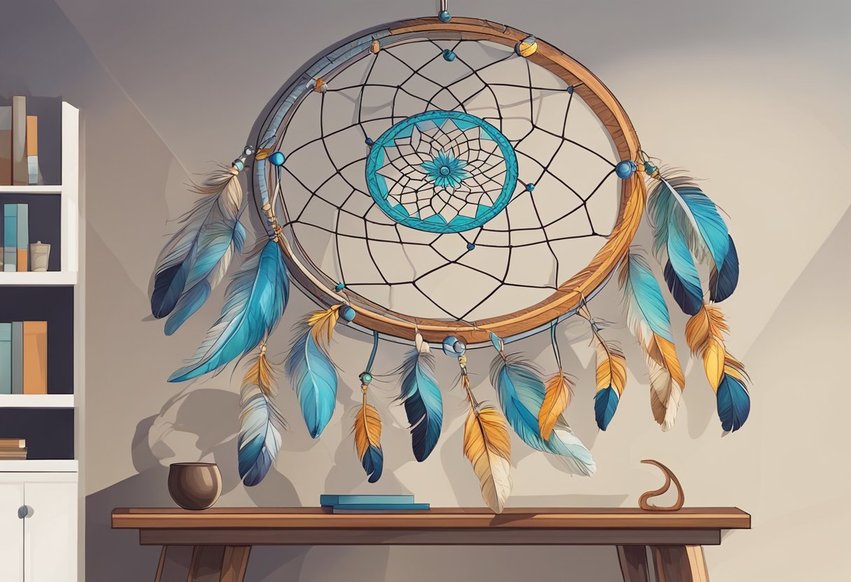 A dreamcatcher hangs from a wall, capturing bad dreams. A mandala lies on a table, symbolizing unity and balance
