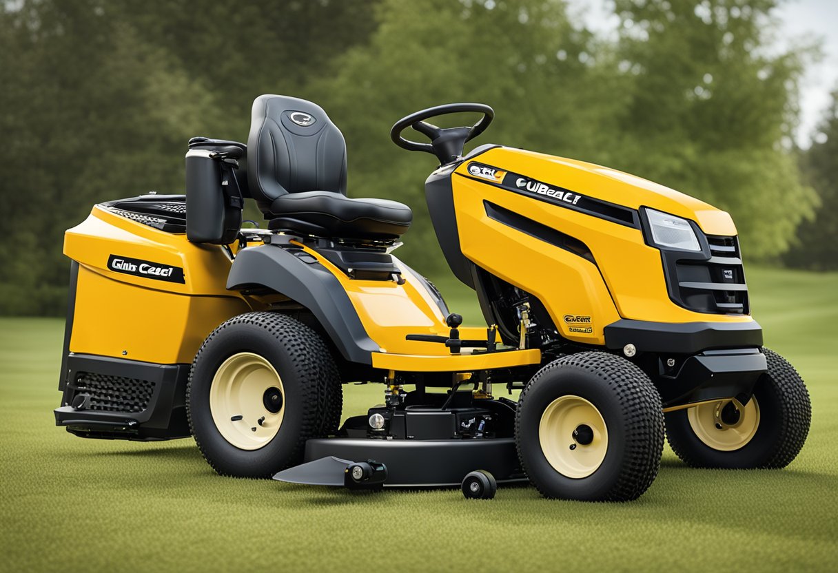 A Cub Cadet zero turn mower with malfunctioning steering, stuck in a turn, wheels visibly misaligned