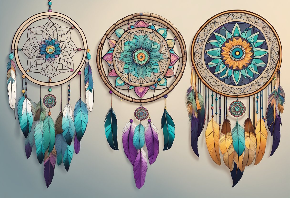 Dreamcatcher and mandala side by side, each with unique patterns and designs. Dreamcatcher features a circular web with beads and feathers, while mandala showcases intricate geometric shapes and vibrant colors