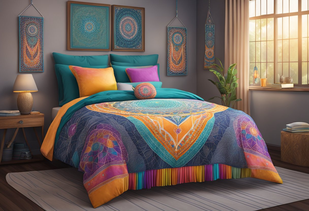 A dreamcatcher hangs above a bed, capturing bad dreams. A mandala sits on a table, radiating intricate patterns and vibrant colors