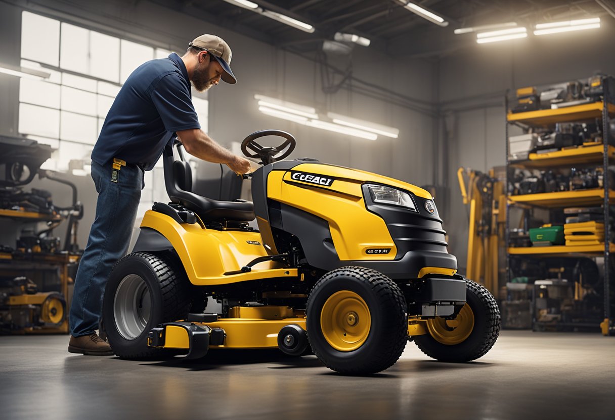 A mechanic inspecting and adjusting the steering mechanism on a Cub Cadet zero turn mower in a well-lit and organized maintenance workshop