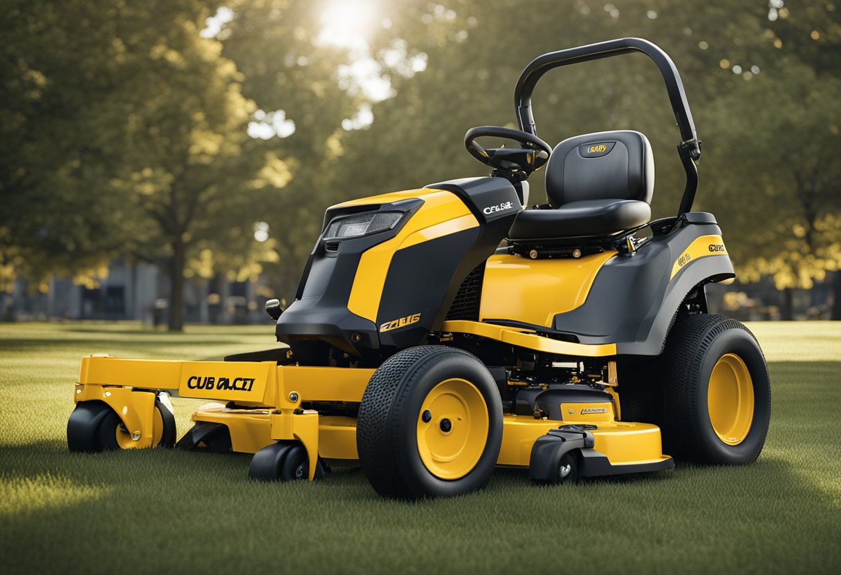 A zero turn mower with a Cub Cadet logo, showing signs of steering issues, surrounded by frustrated users seeking help