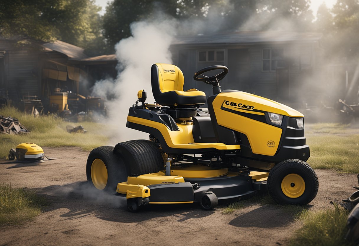 A cub cadet zero turn mower sits abandoned with smoke billowing from its engine, surrounded by scattered tools and frustrated onlookers