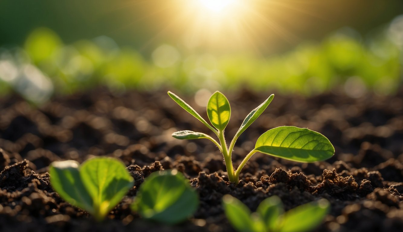 A small mustard seed rests on fertile soil, surrounded by vibrant green leaves and a beam of sunlight shining down from above