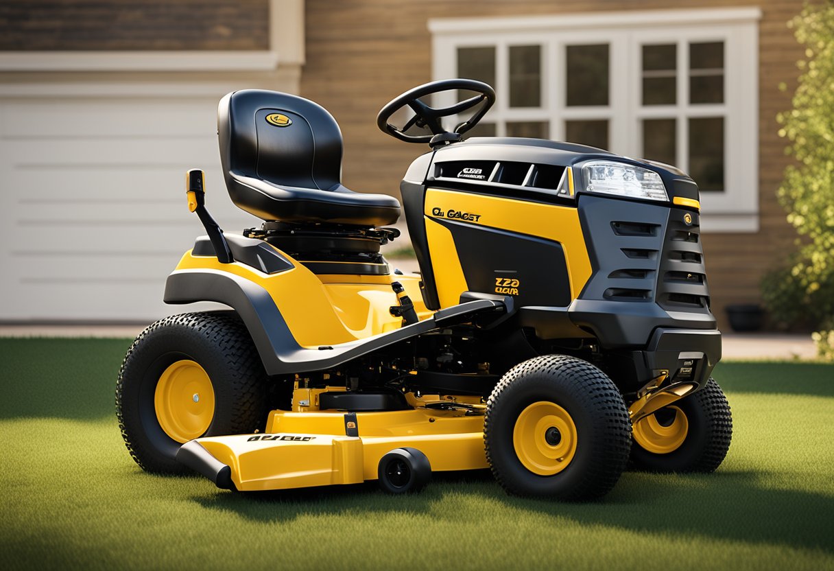 The cub cadet zero turn mower sits in a yard, with a visible leak from the hydrostatic system and the steering wheel locked in place