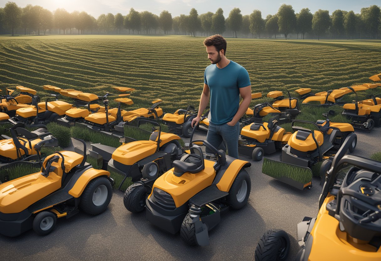 A frustrated customer surrounded by broken zero turn mowers, looking at a list of Frequently Asked Questions with a puzzled expression