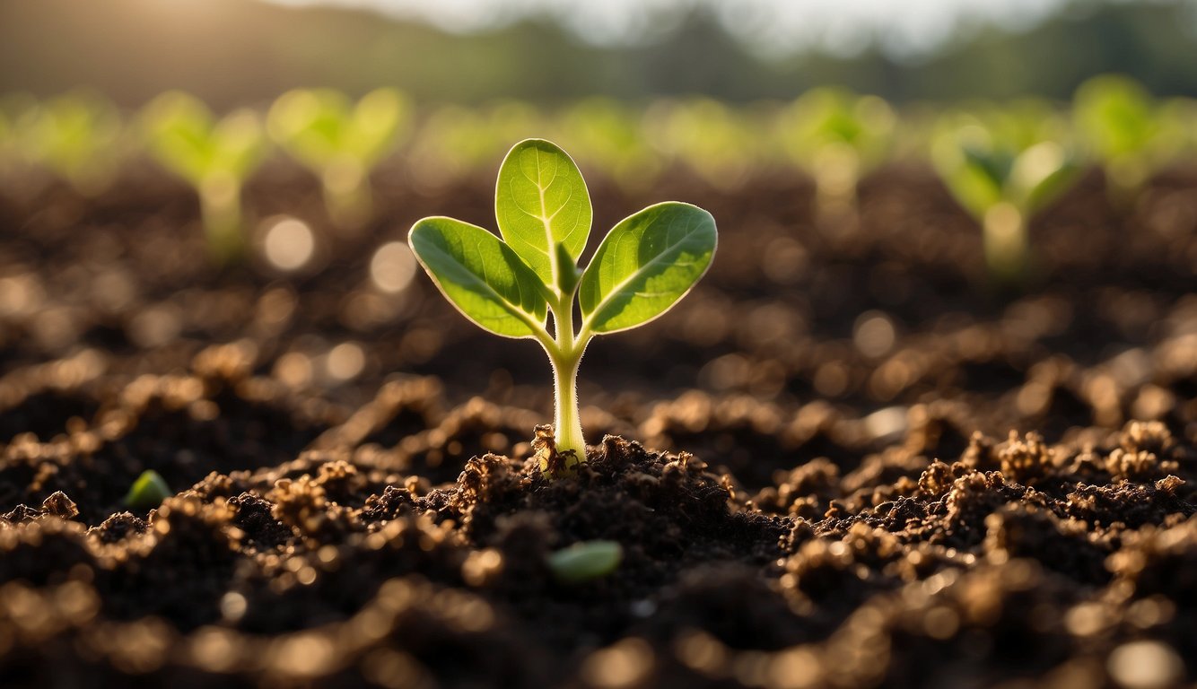 A small mustard seed sprouts from the ground, surrounded by fertile soil and bathed in warm sunlight, showcasing the potential of faith to grow and flourish