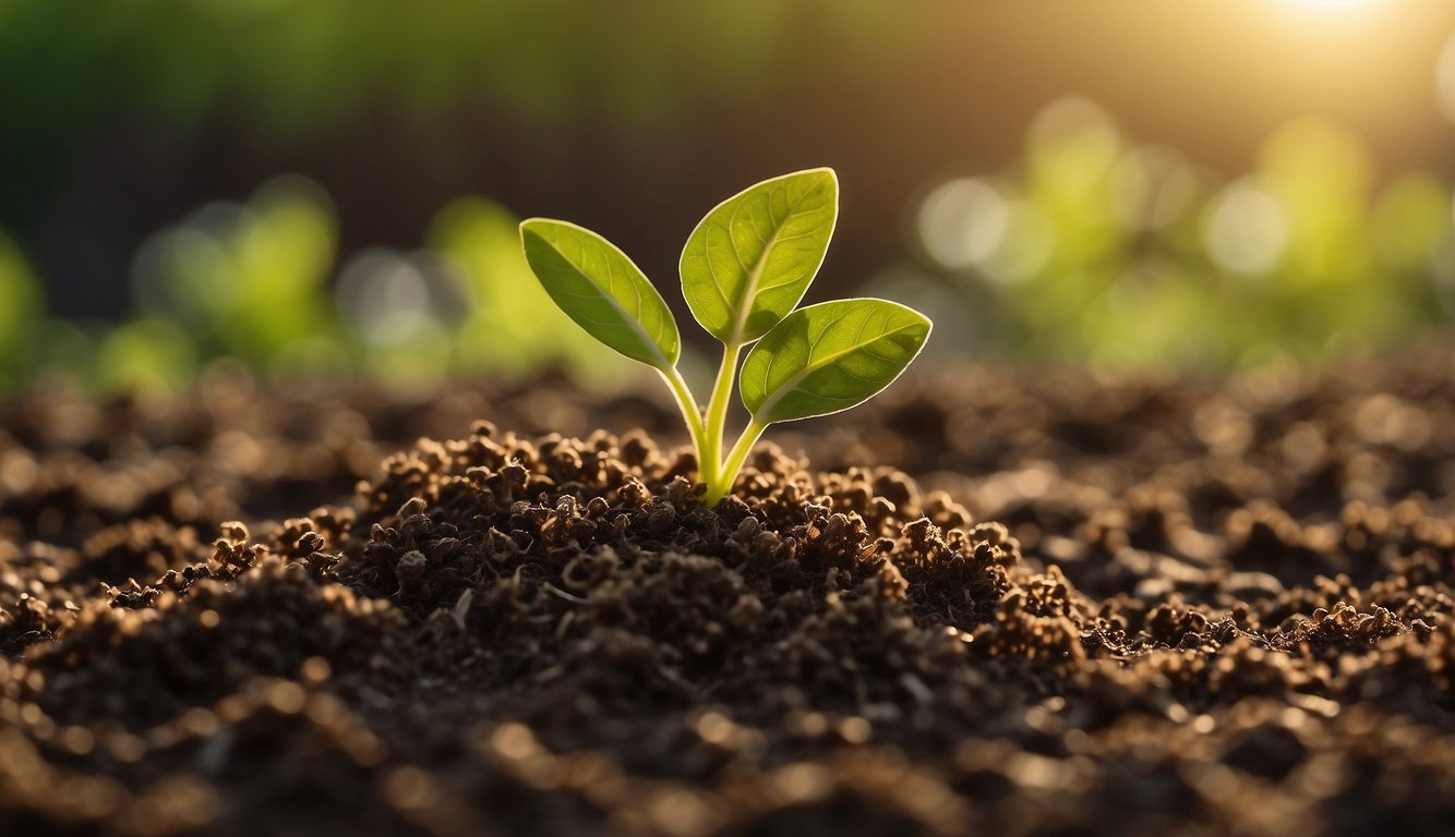 A tiny mustard seed rests on fertile soil, bathed in warm sunlight. Its roots reach deep, while delicate green shoots emerge, symbolizing faith's growth