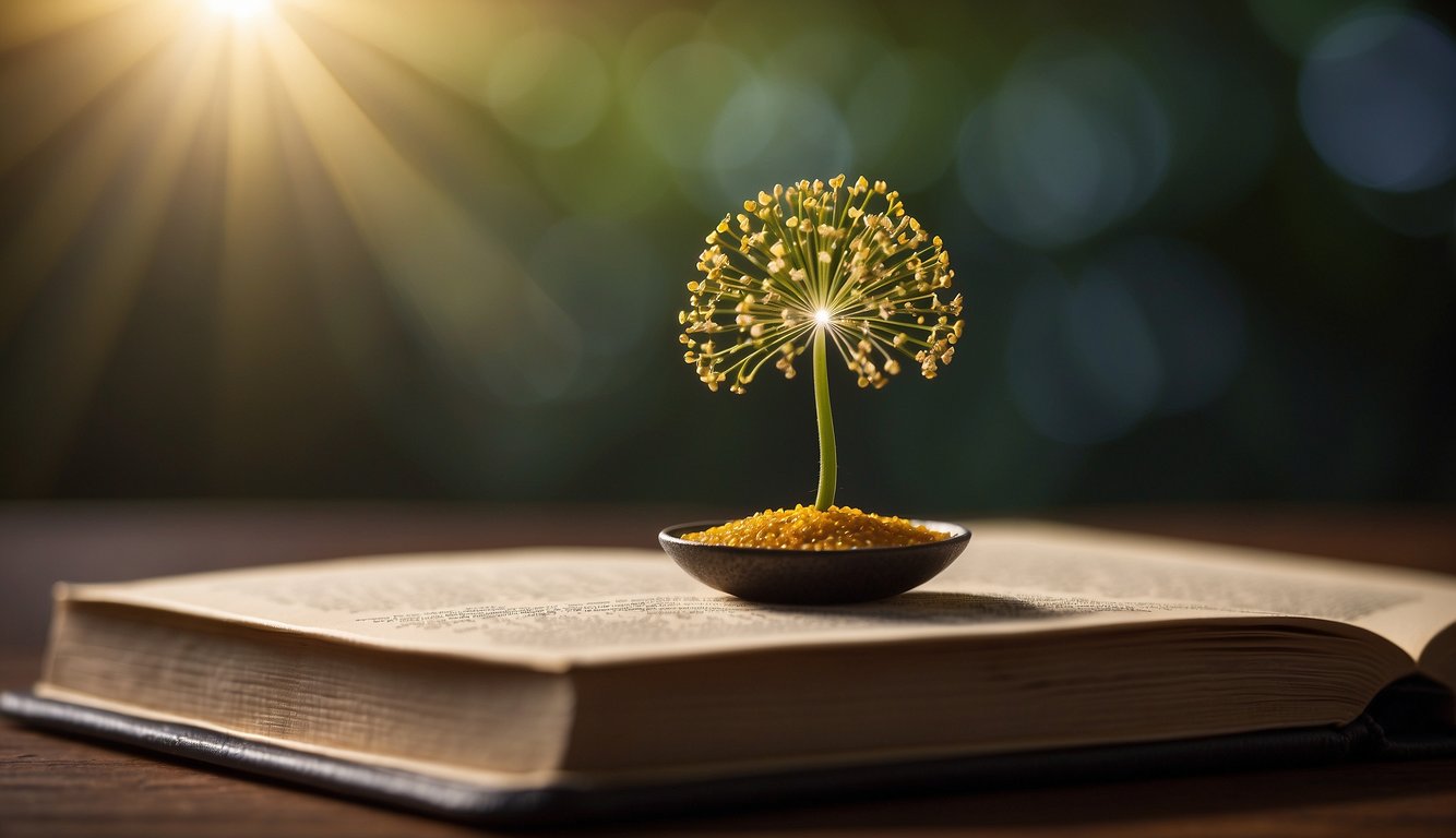 A tiny mustard seed sits on a palm-sized book, surrounded by rays of light, symbolizing faith and hope