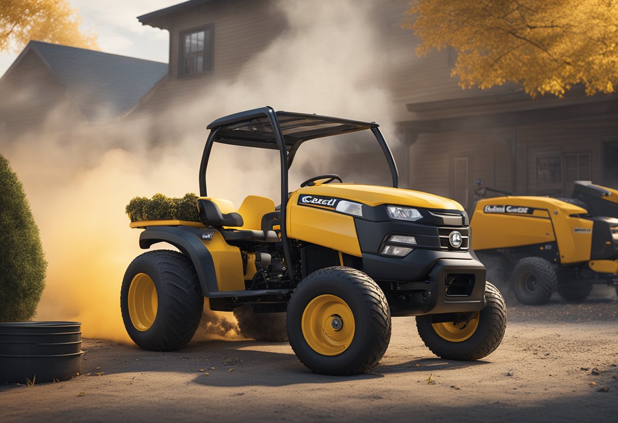 A Cub Cadet Pro Z 500 sits idle with smoke billowing from its engine, surrounded by scattered tools and frustrated onlookers