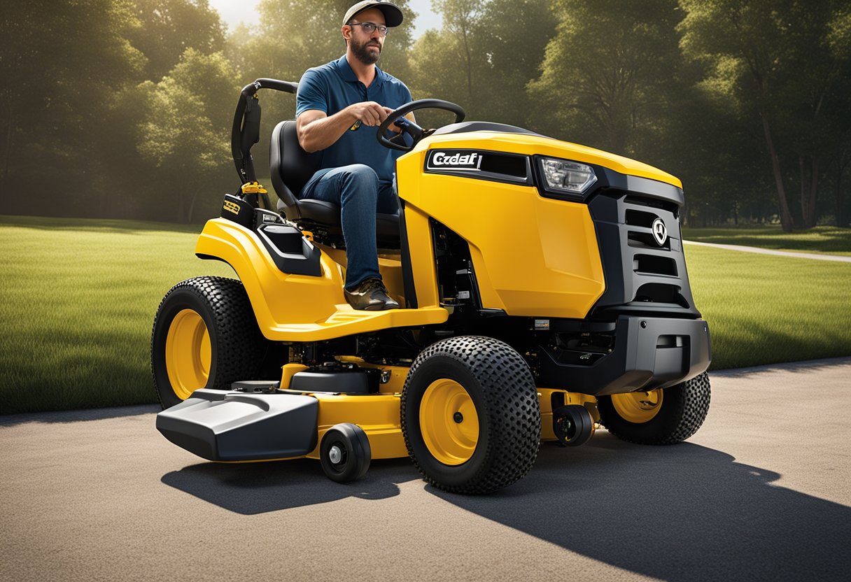 The Cub Cadet Pro Z 500 mower sits idle with a technician inspecting its engine. Nearby, a group of people discuss its frequent problems