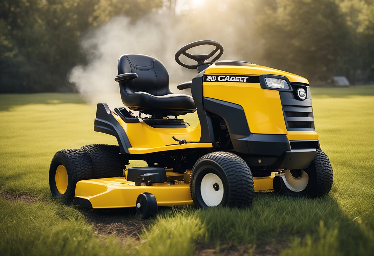 A Cub Cadet Pro Z 100 mower sits idle with smoke coming from the engine. The grass around it is overgrown, indicating it's been out of commission for a while