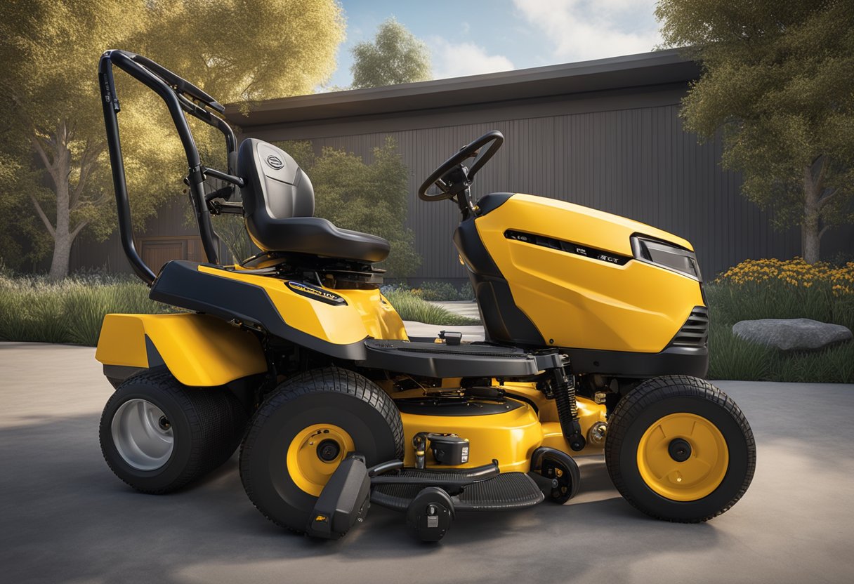 The Cub Cadet Pro Z 100 mower sits idle, with visible electrical and fuel system faults. Wires are frayed, and the fuel line is leaking