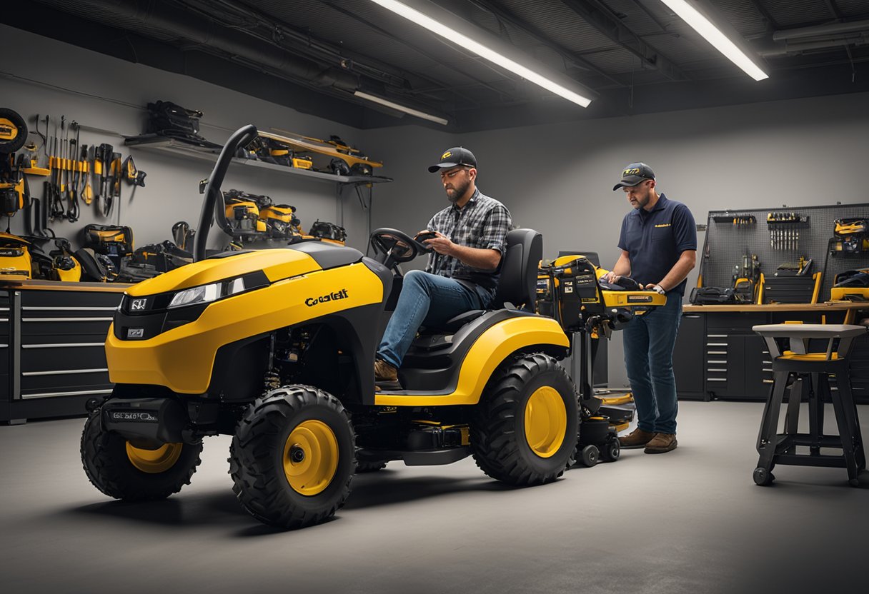 The Cub Cadet Pro Z 100 sits in a workshop, surrounded by tools and diagnostic equipment. A technician examines the mower, while a computer screen displays a list of frequently asked questions about common problems