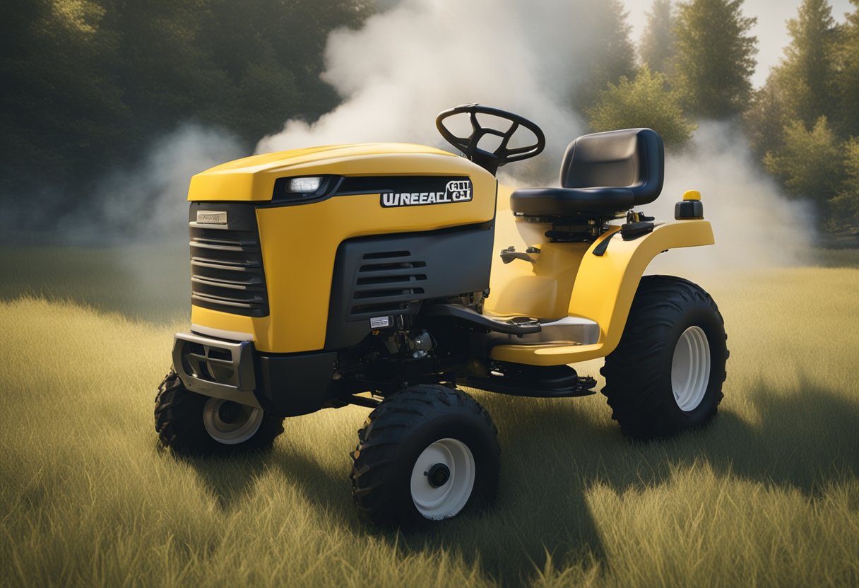 The Cub Cadet i1046 sits idle, with a cloud of smoke rising from its engine. The grass around it is overgrown, and the machine appears to be stuck in place
