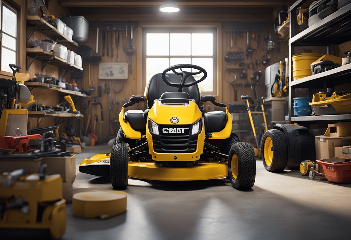 A Cub Cadet i1046 mower sits in a garage, surrounded by tools and spare parts. The hood is open, revealing the engine. A mechanic's hand reaches in to make repairs