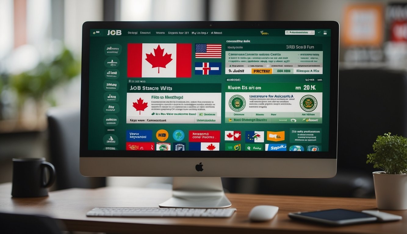 A computer screen displaying job search websites with Canadian flags and Nigerian currency in the background