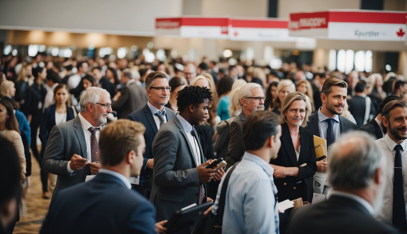 A bustling Canadian job fair with diverse attendees seeking permanent residency