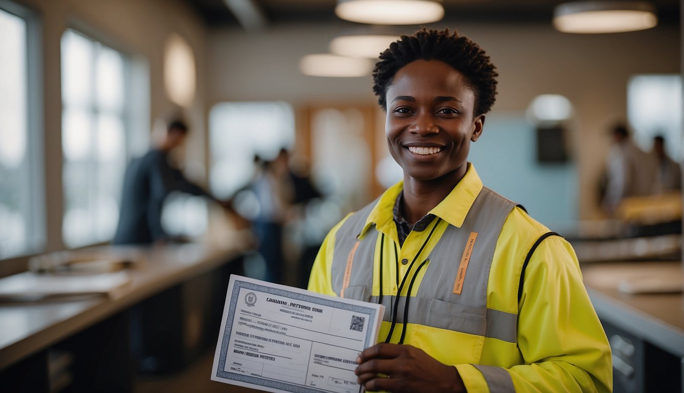 A smiling Nigerian worker holds a Canadian work permit and temporary residency documents, with a "Now Hiring" sign in the background